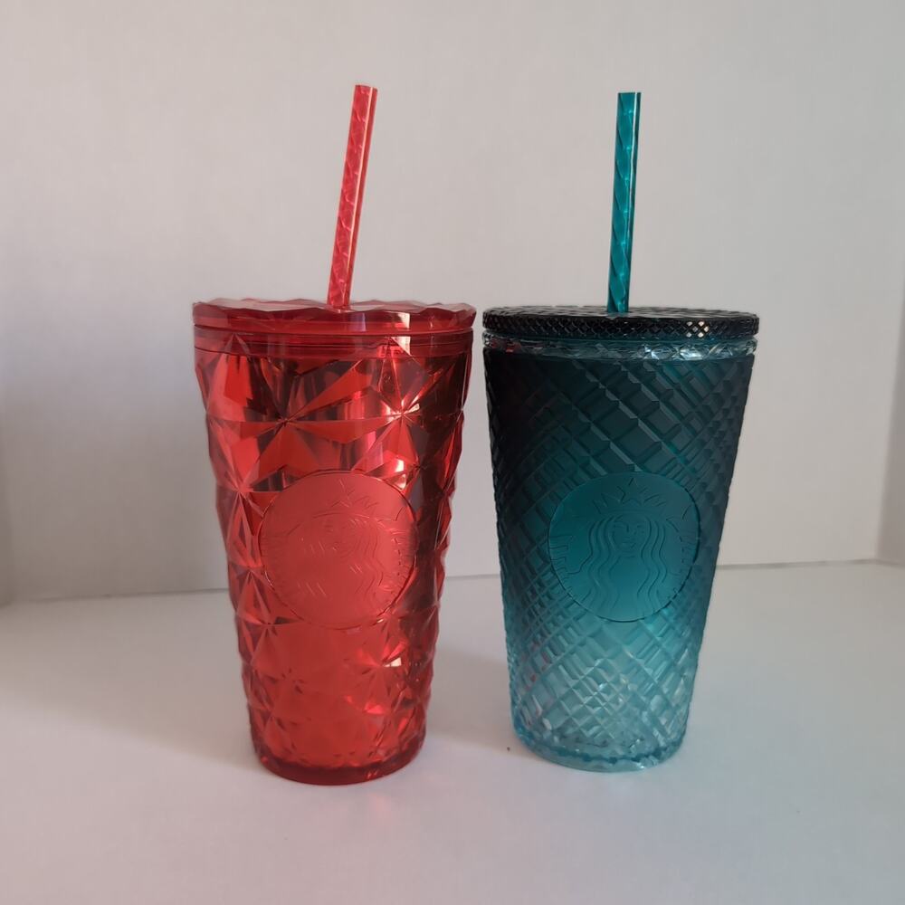 Lot of 2 Starbucks Jeweled Tumbler Red Holiday and Teal 16oz With Straw 2023